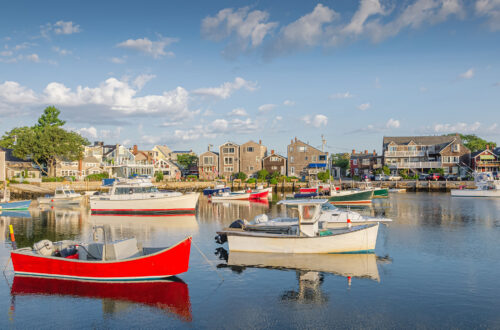 Fishing boats at anchor in the harbor of Rockport, Cape Ann, Mas